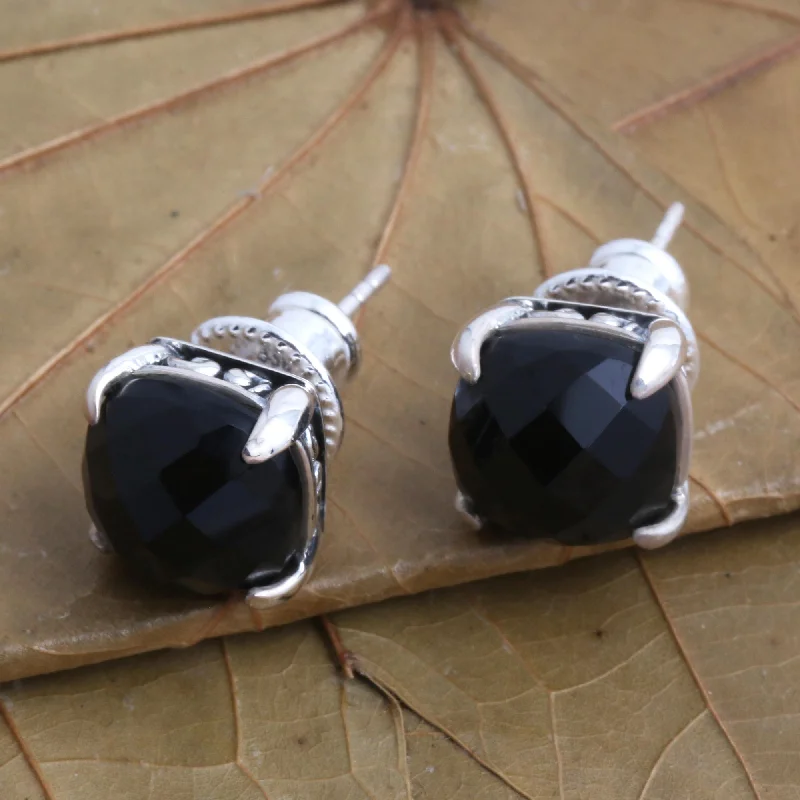 Plunge-neck dress-Dressed for Dinner in Black Checkerboard Faceted Black Onyx Stud Earrings