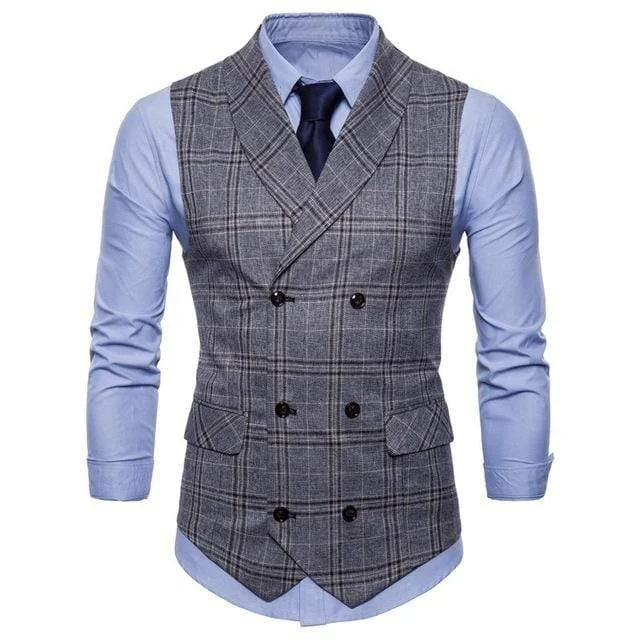 Bandeau wedding dress-Men's V-Neck Double-breasted Plaid Slim Fit Suit Vests Formal Business Sleeveless Dress Suit