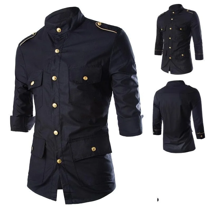 Raised-waist empire dress-Multi Pocket Epaulette 3/4 Sleeve Dress Shirt