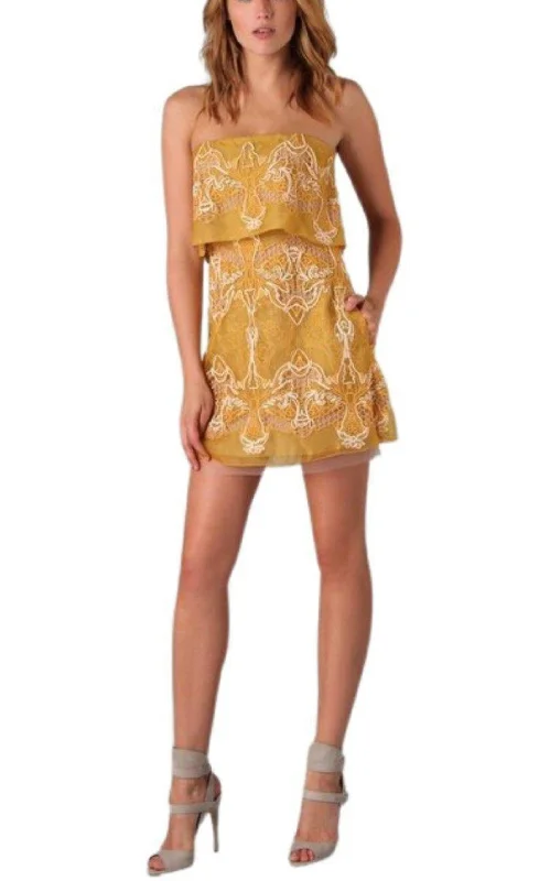 Gala glitzy dress-Strapless Yellow Lace Silk Dress