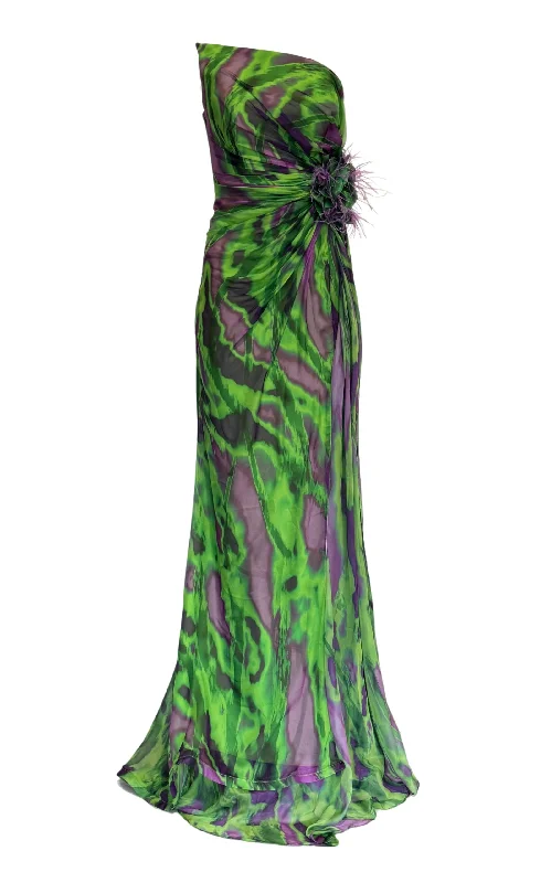 Hard structured dress-Strapless Green Purple Print Party Dress