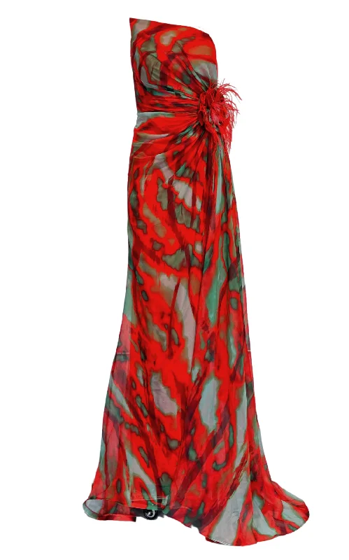 Midi pleat-front dress-Strapless Red Print Party Dress