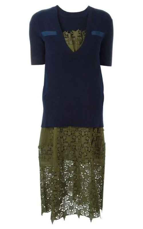 Stroll prairie dress-Sweater Top Green Embroidered Dress