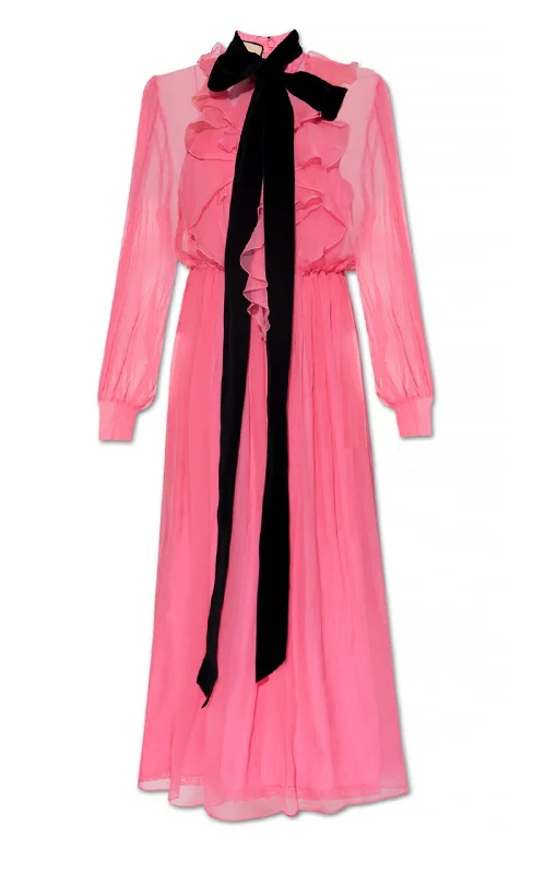 Voile evening dress-Velvet Ties Silk-chiffon Midi Dress