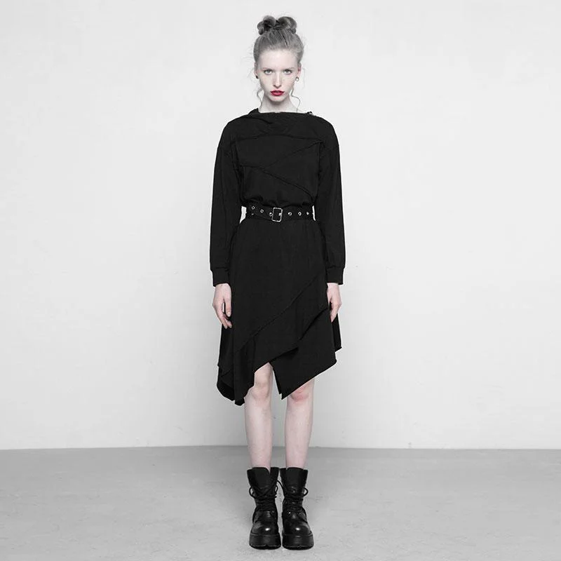 Segmented modern dress-Women's Asymmetric Layered Punk Hooded Dress