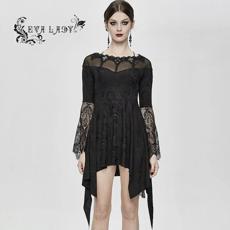 Bloom patch dress-Women's Boat Neck Jacquard Sheer Lace Sleeved Dresses