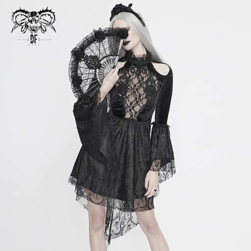 Misty overlay dress-Women's  Vintage Gothic Black Lace Over-lay Short Dress with Full Flared Sleeves Wedding Dress