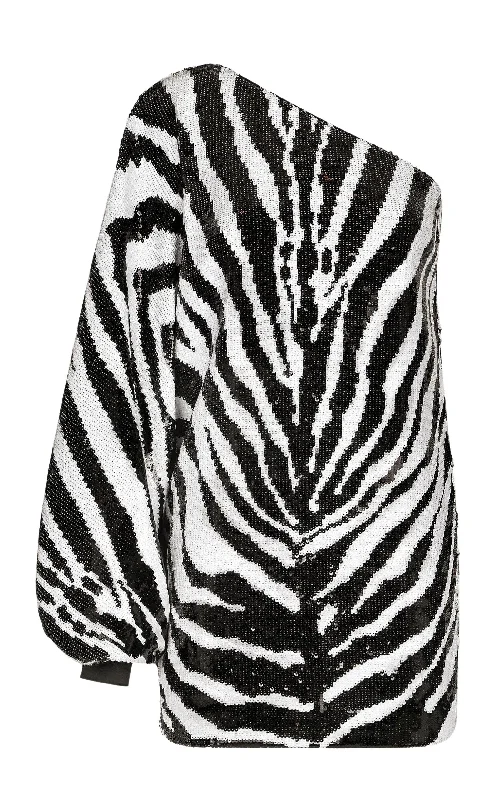 Pleated satin dress-Zebra Print Sequined One-shoulder Dress