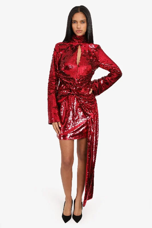 Dappled fringe dress-16 Arlington Red Long-sleeve Sequin Dress with Front Cut Out and Long Belt Size 10