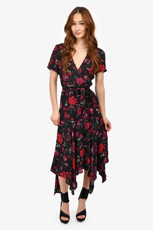 Crimson red dress-A.L.C. Black/Red Floral Silk Wrap Midi Dress Size 2