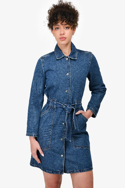 High-end cocktail dress-A.P.C Dark Wash Belted Denim Dress Size XS