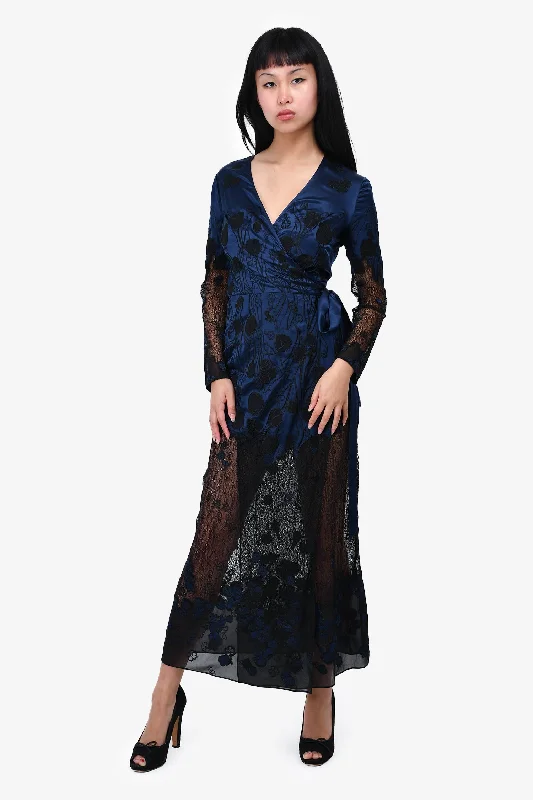 Ruffled twirl dress-Agent Provocateur Blue/Black Satin/Lace Embroidered Wrap Dress Size S/M