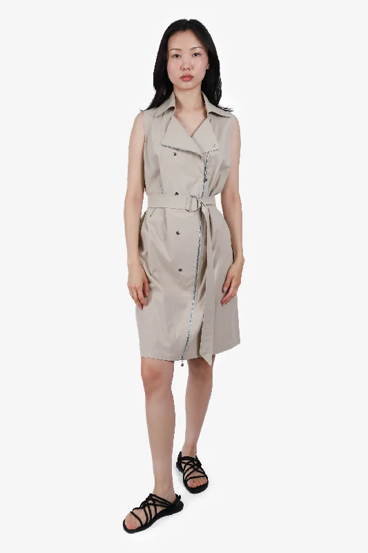 Free splash dress-Akris Punto Beige Belted Zip-up Sleeveless Mini Shirt Dress Size 14