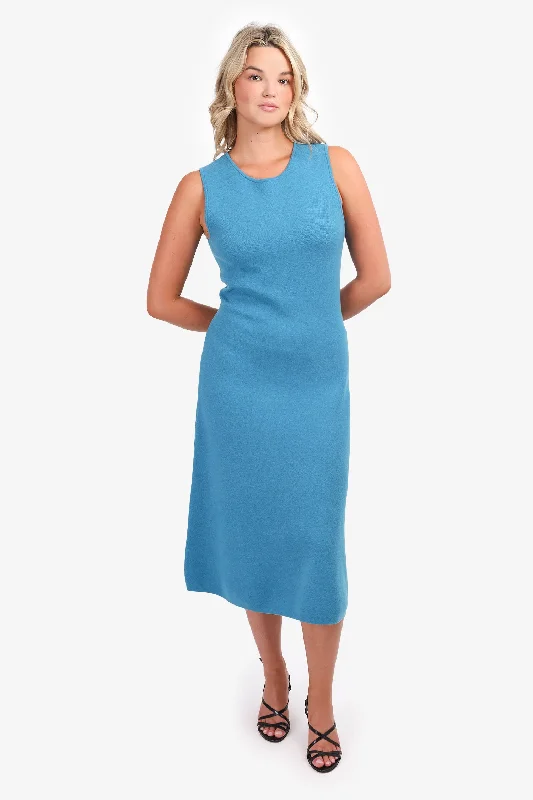 Magic satin dress-Akris Punto Blue Wool Knitted Sleeveless Midi Dress Size 8