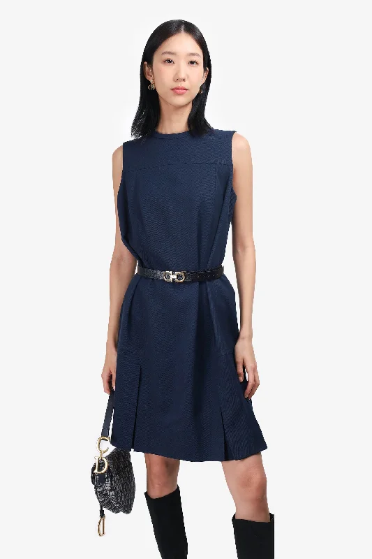 Lined grid dress-Akris Punto  Navy Wool Sleeveless Dress Size 12