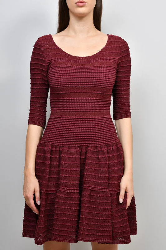 Rich damask dress-Alaïa Burgundy Crochet Knit 3/4 Sleeve Dress Size 40