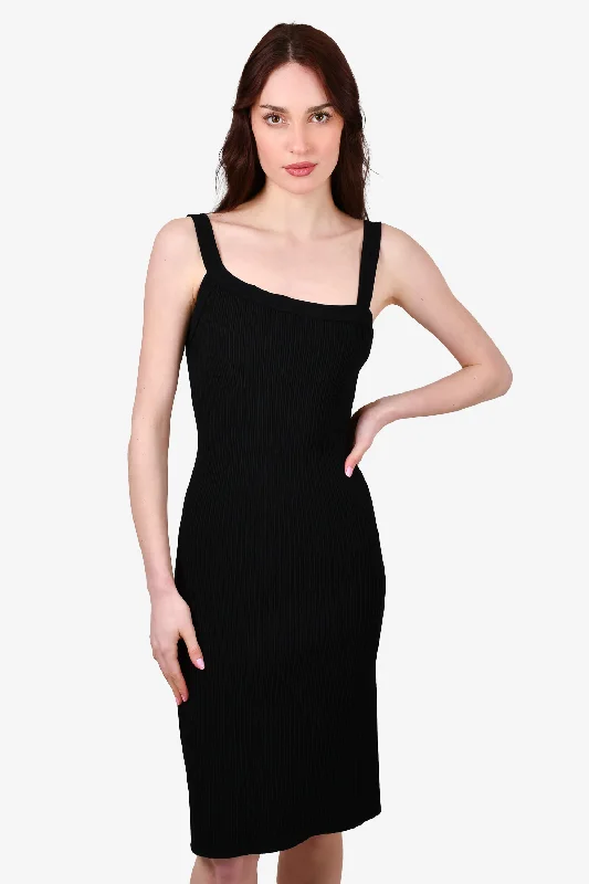 Wave windy dress-Alaia Black Ribbed Sleeveless Asymmetrical Neckline Midi Dress Size L