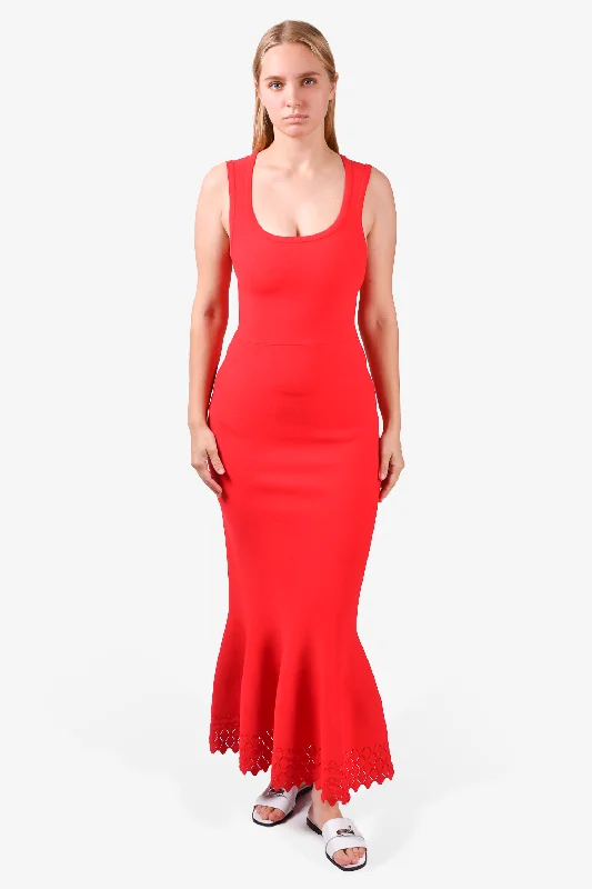 Tough twill dress-Alaia Red Knit Sleeveless Lasercut Hem Gown Size 38