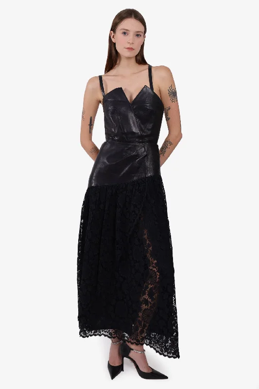 Snug fitted dress-Alexander McQueen Black Leather/Lace Sleeveless Maxi Dress Size 38