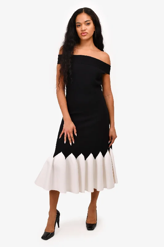 Gala glitzy dress-Alexander McQueen Black/White Trim Off The Shoulder Ruffle Detail Midi Dress Size L