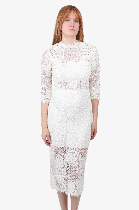 Bandeau wedding dress-Alexis White Eyelet Lace Midi Dress with 3/4 Sleeves Size Small