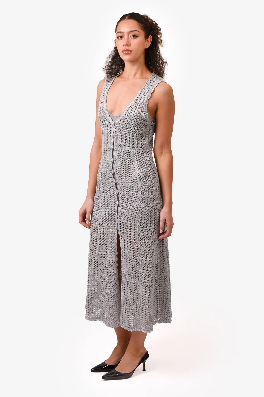 Swirl casual dress-Alice McCall Silver Metallic Knit Button-up Dress with Slip Size 4