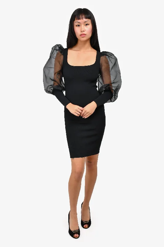 Plunge-neck dress-Alice + Olivia Black Sheer Sleeve Bodycon Dress Size S