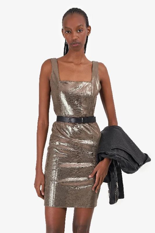 Satin ball gown dress-Alice & Olivia Gold Metalic Leather Sleeveless Mini Dress Size 4