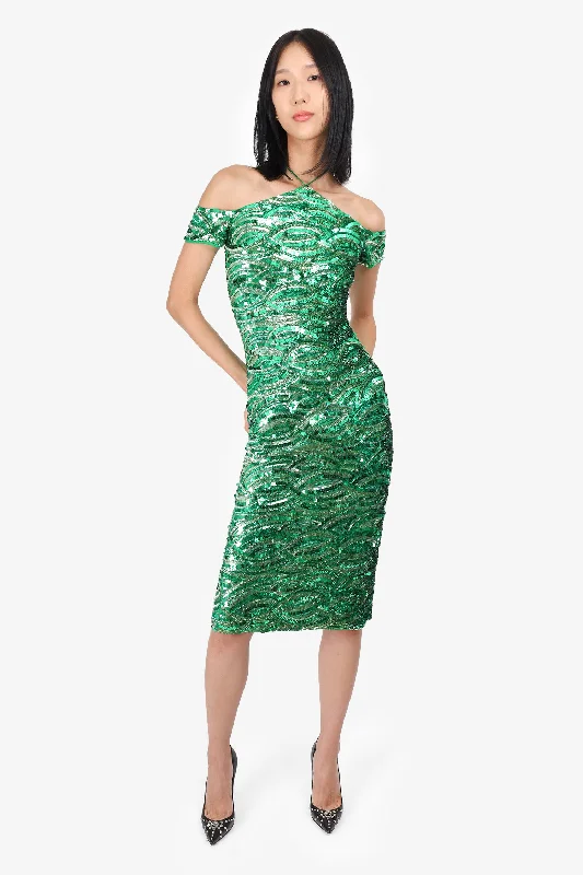 Pleated satin dress-Alice + Olivia Green Sequin Dress Size 0