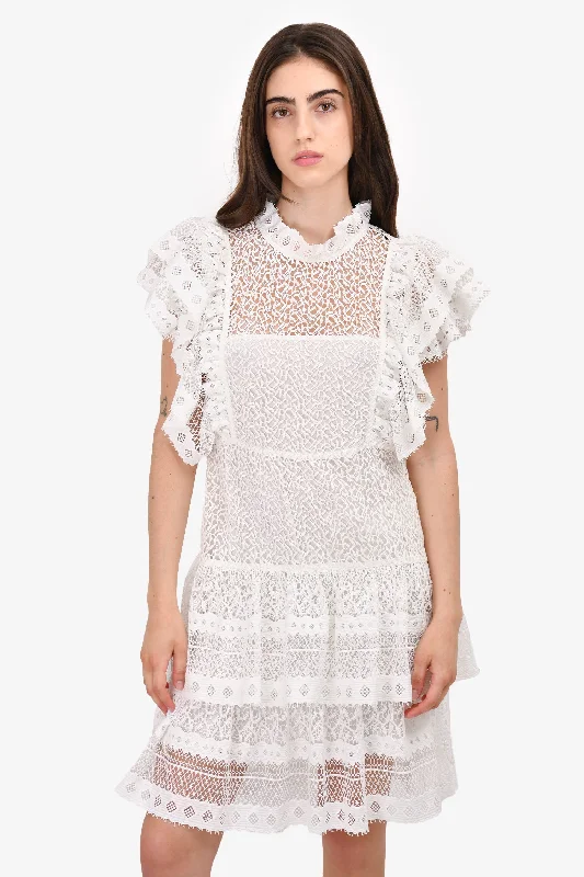 Crest-collared preppy dress-Anine Bing White Lace Tiered Ruffle Detail Dress Size M