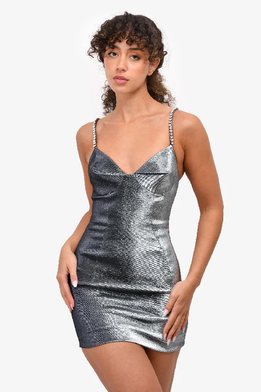 Mandarin citrus dress-AREA Grey Silver Glimmer Crystal Strap Pyramid Cup Mini Dress Size 2