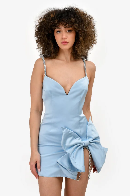 Seafoam ocean dress-Area Light Blue Satin Mini Dress with Crystal Bow Detail Size S