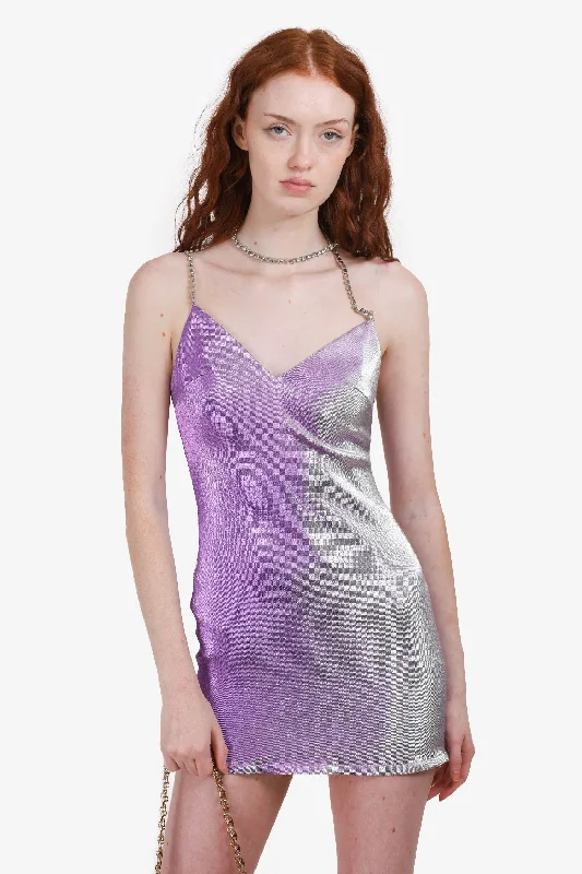 Sky island dress-Area Purple Stretch Lamé Crystal Choker Mini Dress Size S  'As Is'