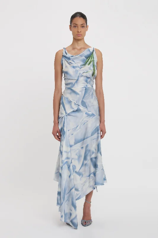 Paradise wrap dress-Asymmetric Draped Midi Dress In Ice Blue Satin Flowers