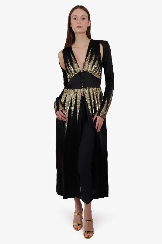 Amber glam dress-Attico Black Long-sleeve V-Neck Dress with Gold Sequins Size 2