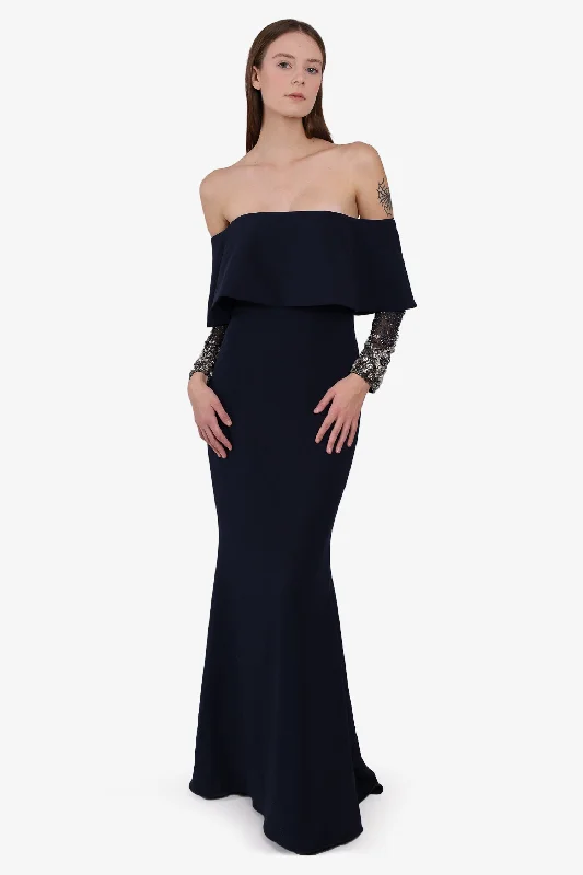 Quilted formal dress-Badgley Mishka Navy Off Shoulder Beaded Gown Size 4