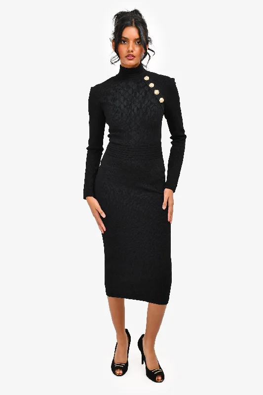 Slotted festival dress-Balmain Black Knit Button Detail High Neck Midi Dress Size 34