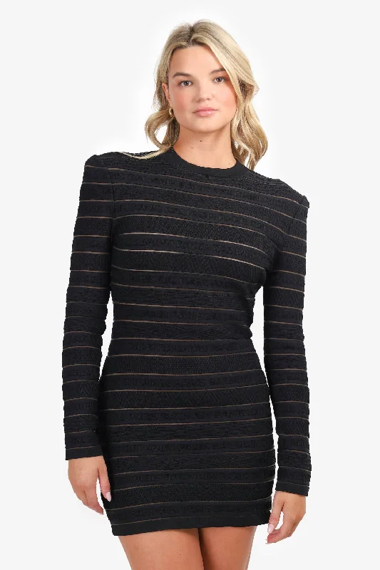 Bell-fit party dress-Balmain Black Logo Mesh Striped Long Sleeve Mini Dress Size 42