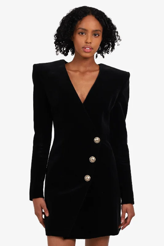 Structured prom dress-Balmain Black Velvet Gold Button Blazer Dress Size 36