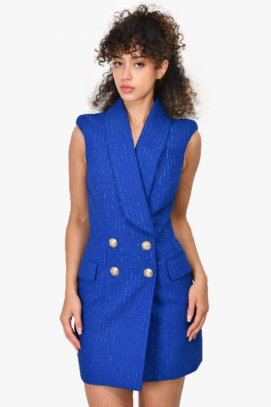 Stretchy stretch dress-Balmain Blue Metallic Pinstripe Sleeveless Blazer Mini Dress Size 36