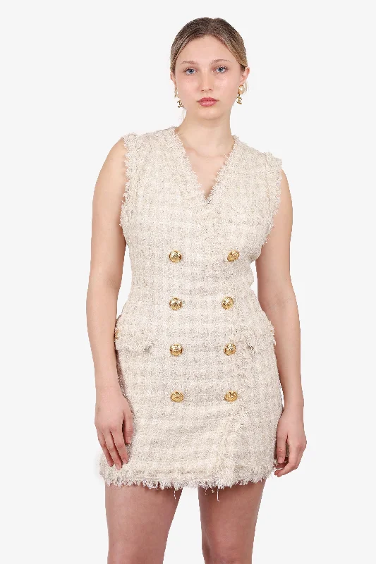 Iridescent club dress-Balmain Cream Tweed Zip-up Sleeveless Mini Dress Size 44