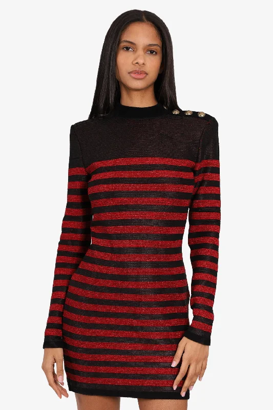 Swirl mini dress-Balmain Red/Black Striped Dress Size 40