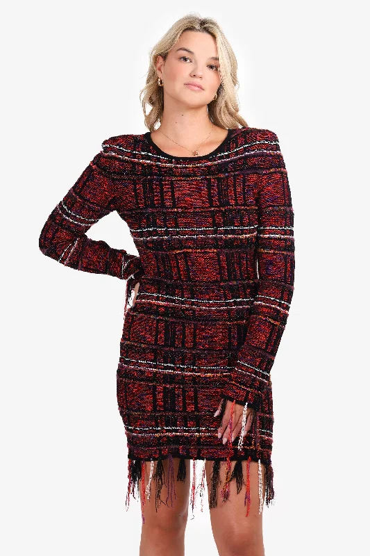 Ripple cocktail dress-Balmain Red/Black Tweed Fringe Dress Size 40