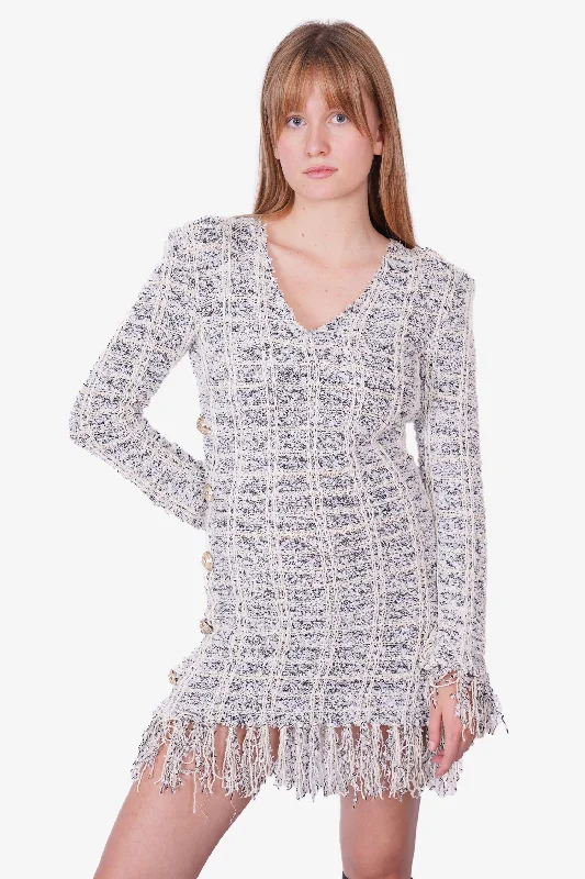 Collage retro dress-Balmain White/Grey Tweed V-Neck Dress with Fringes