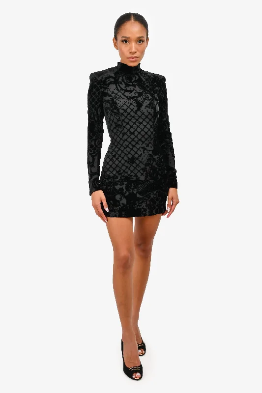 Lattice picnic dress-Balmain X H&M Black Sheer Velvet Detail Mini Dress Size 2