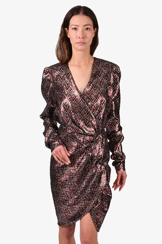 Windy floral dress-Birgitte Herskind Silver and Burgundy Metallic V-Neck Draped Mini Dress Size 38