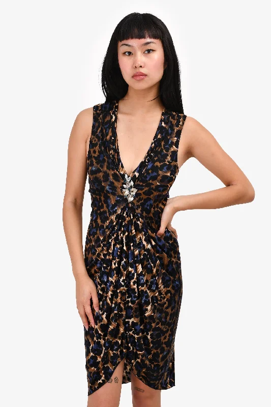 Shadow velvet dress-Blumarine Leopard Print Silk V-Neck Dress with Diamante Detail Size 38