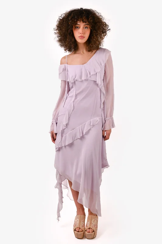 Gathered embroidered dress-Blumarine Lilac Silk Ruffle Dress size 4