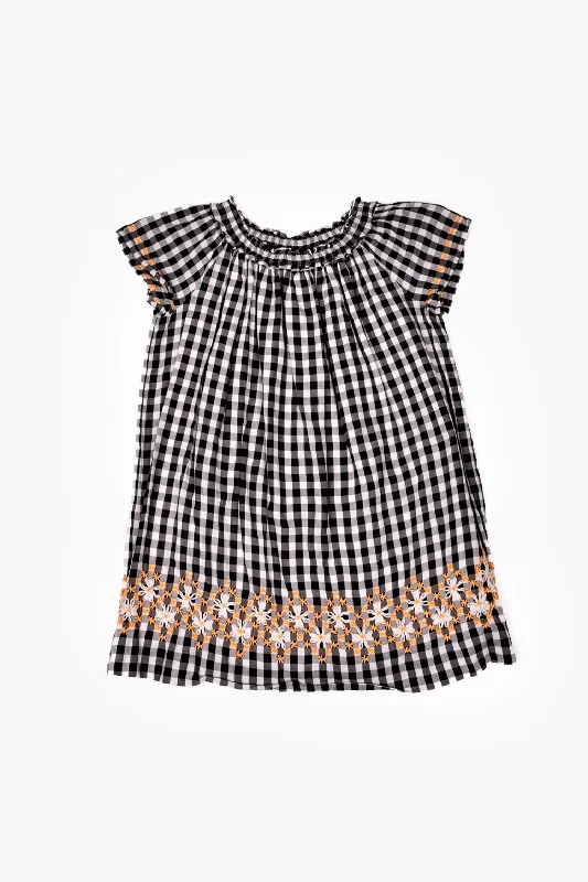 Frayed grunge dress-Bonpoint White/Black Gingham Print Dress with Orange Floral Embroidery Size 8Y Kids