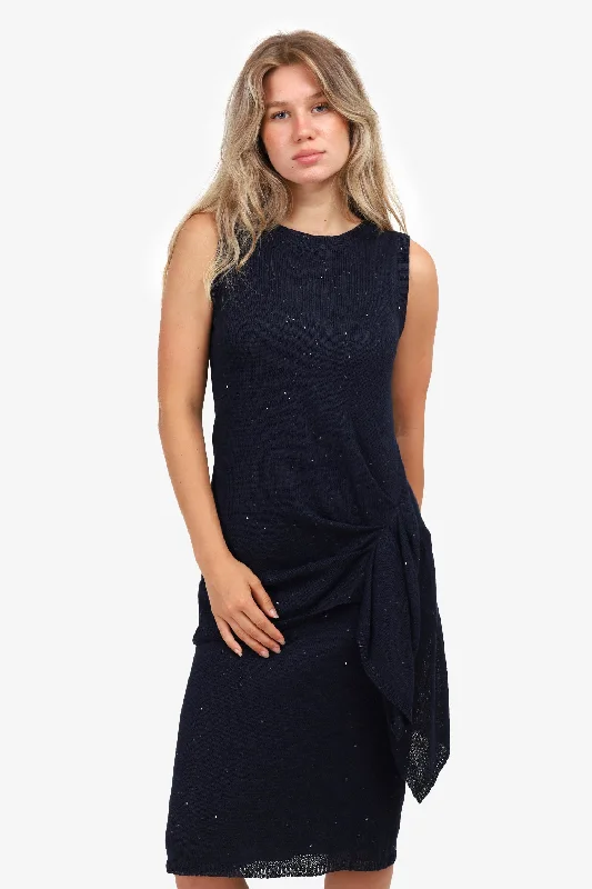 Solid blue dress-Brunello Cucinelli Black Sequin Knitted Twist Midi Dress Size S